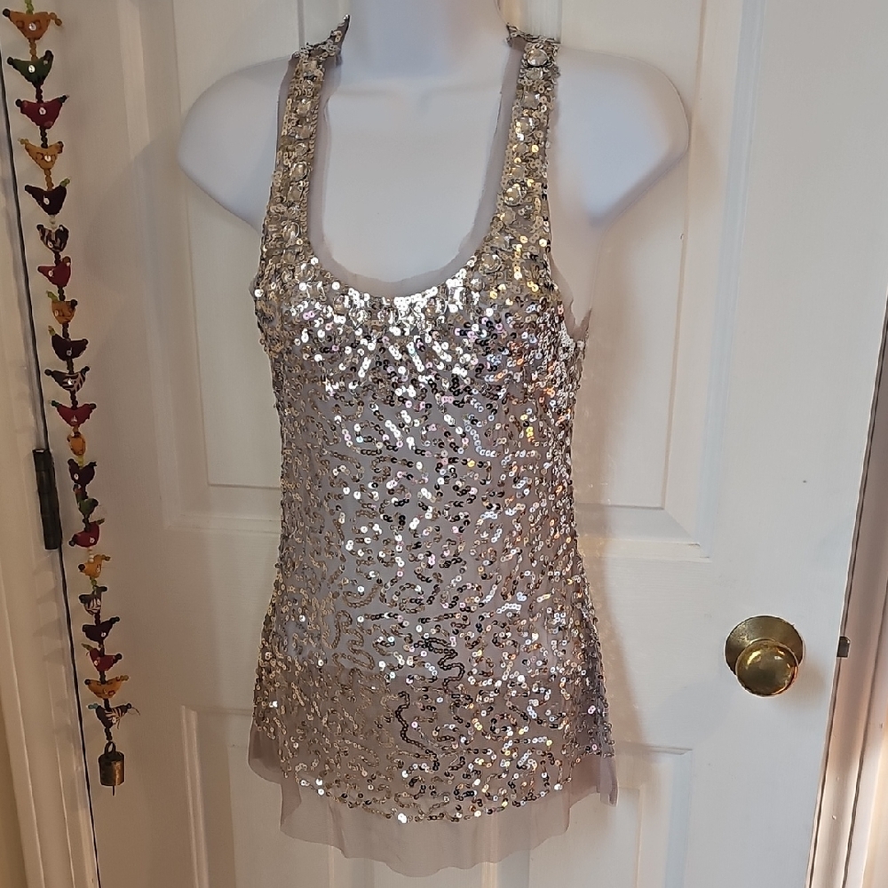 Lipstick Boutique Silver Sequin Sheer Scoop Neck Tank Top S